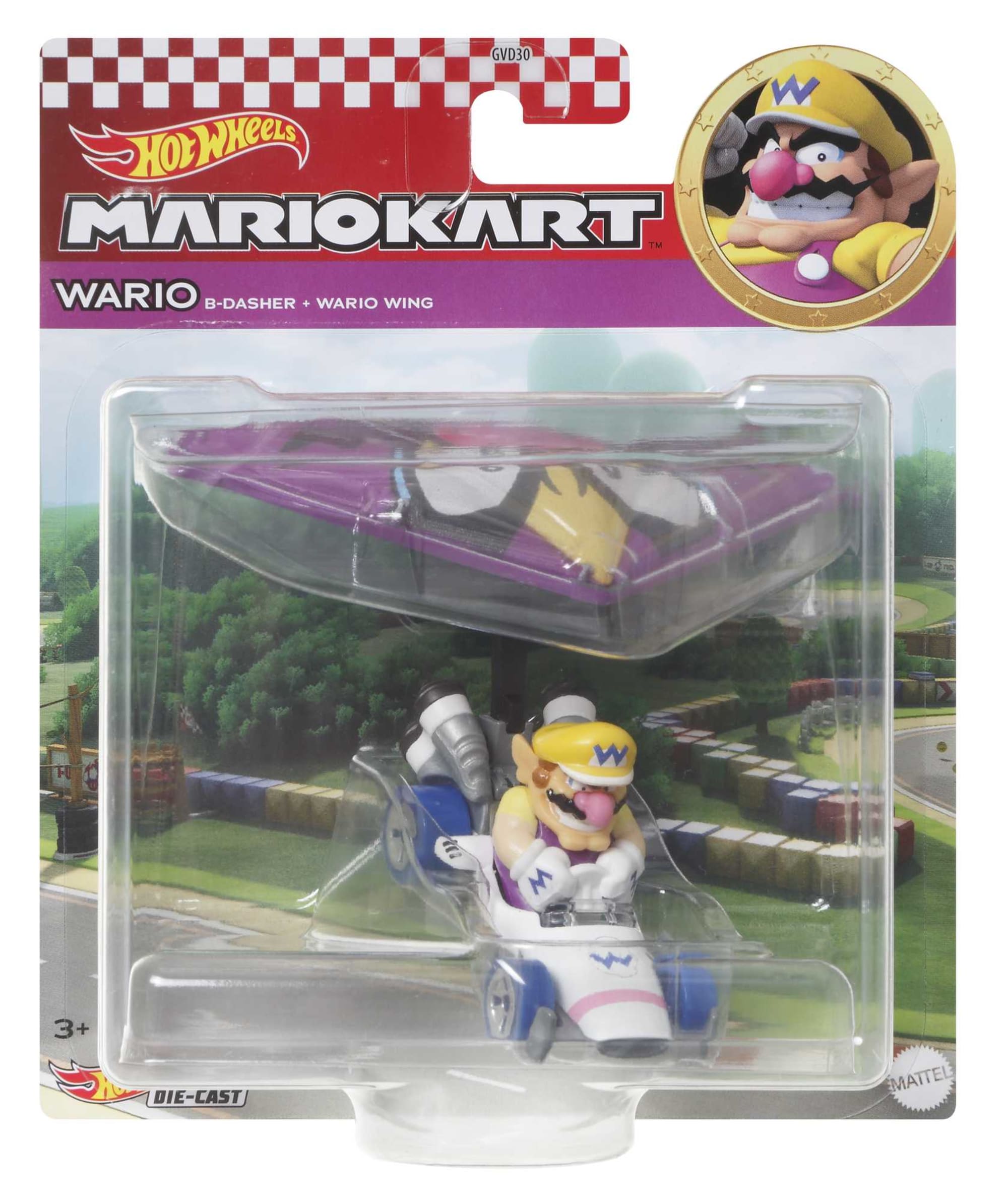 Hot Wheels Mario Kart Veículo de Brinquedo Waluigi B-Dasher com Wario Wing