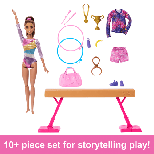 Barbie Gymnastics Playset With Brunette Fashion Doll, Balance Beam, 10+ Accessories & Flip Feature
