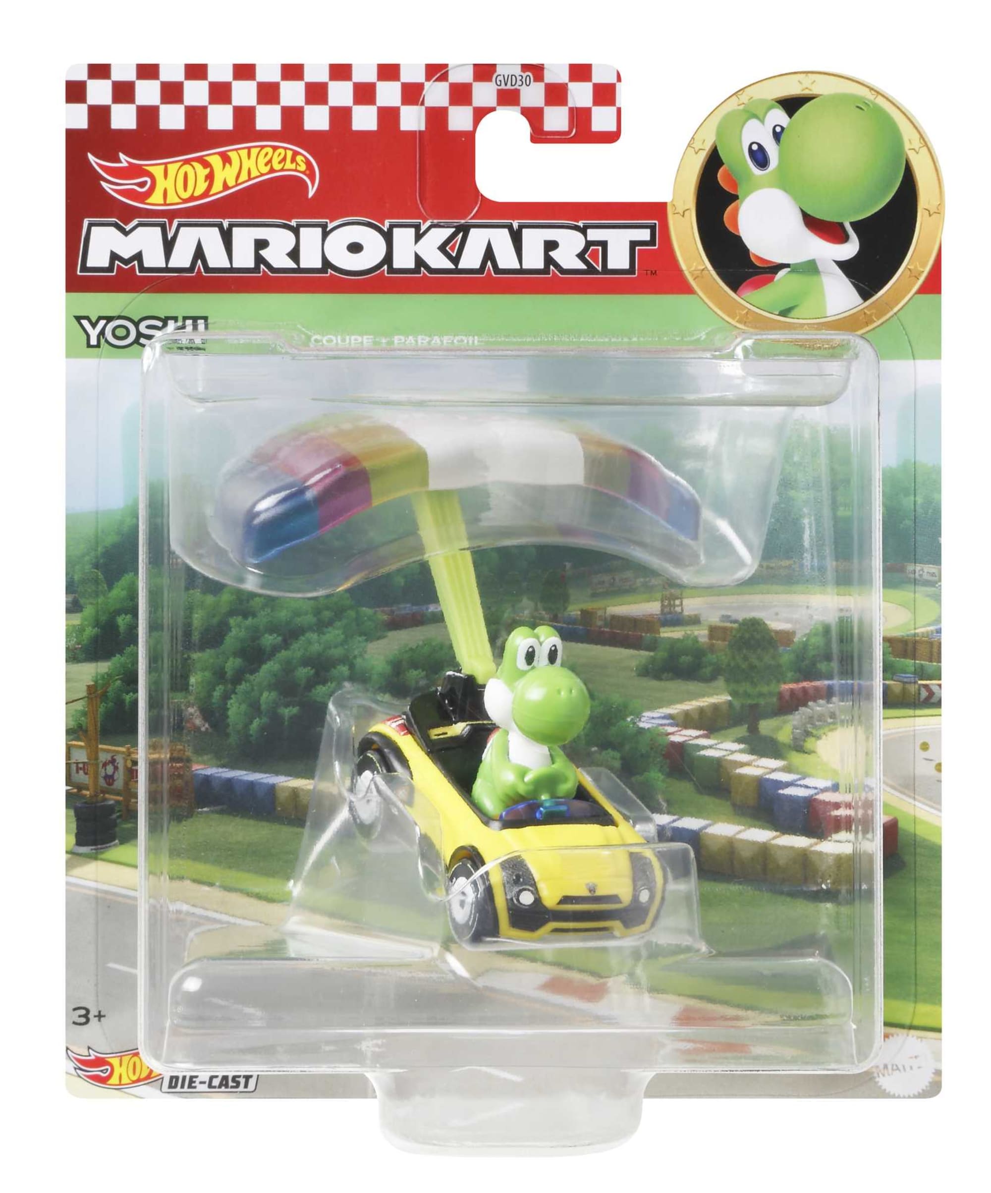 Hot Wheels Mario Kart Vehículo de Juguete Yoshi Sports Coupe con Paracaídas