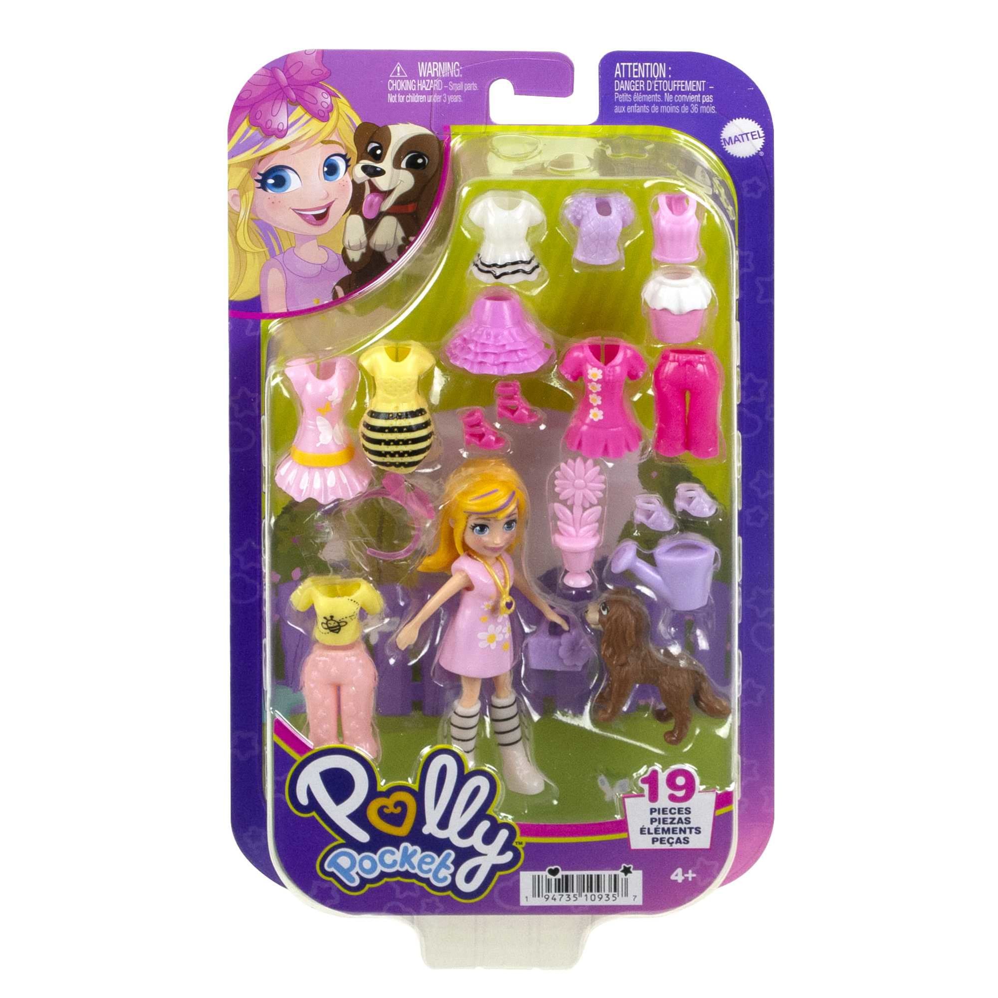 Polly Pocket Coffret Poupée et 18 Accessoires, Chiot et Thème Floral