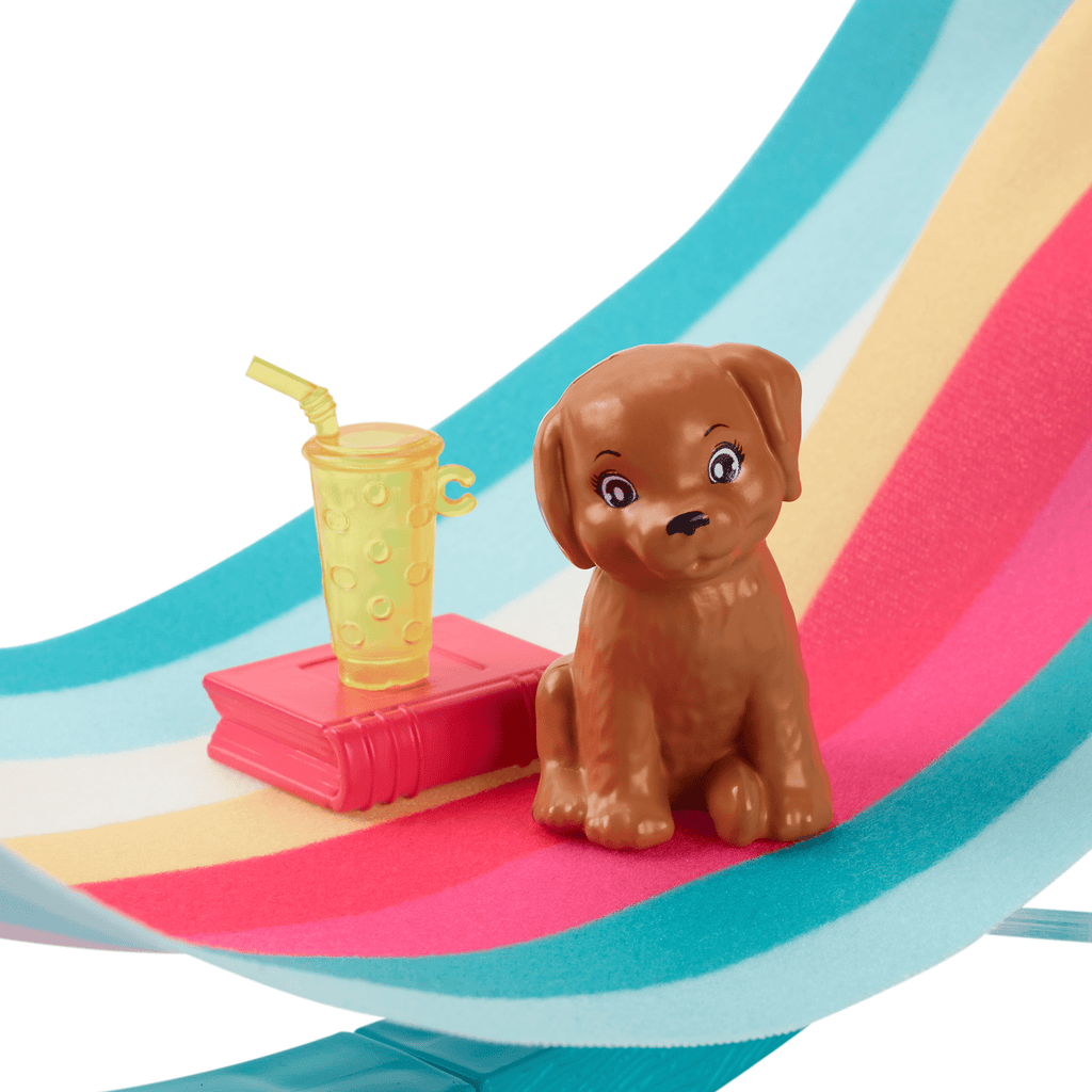 Barbie World Hammock Set With 7 Camping Accessories Including Swinging Hammock With Guitar & Puppy