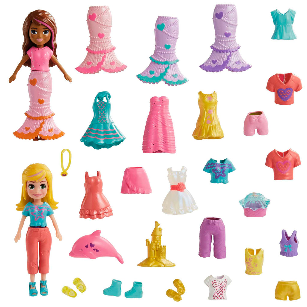 Polly Pocket 2 Dolls And 25 Accessories, Color-Change Seashine Mermaid Fashion Pack