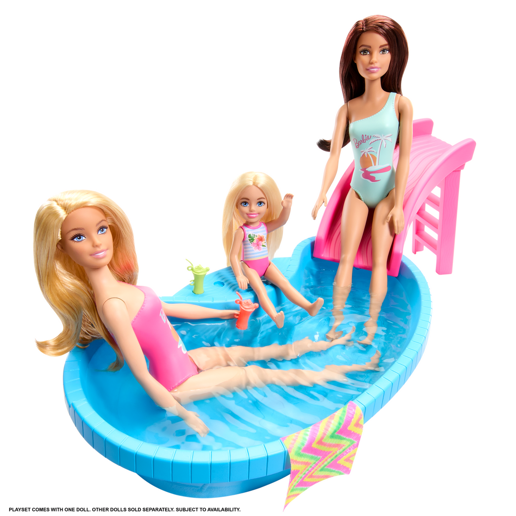 Barbie Doll And Pool Playset, Blonde With Pool, Slide, Towel And Drink Accessories