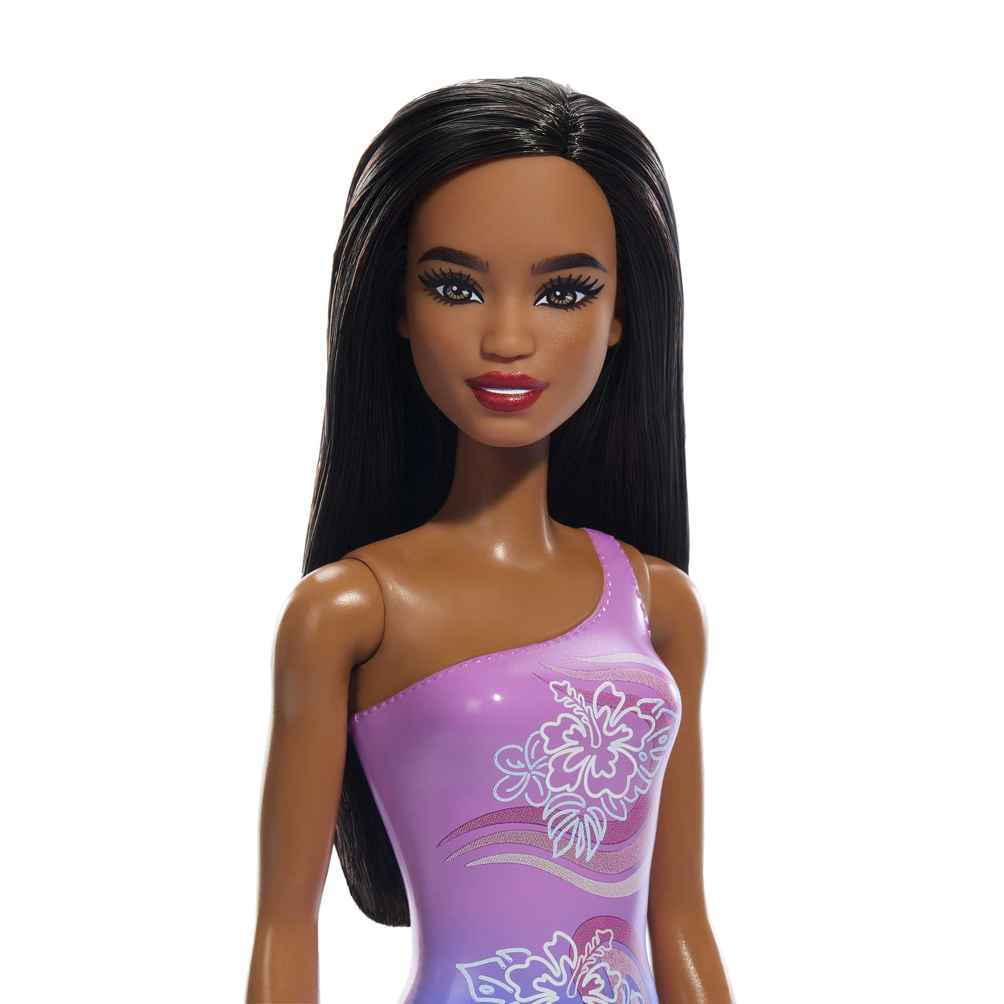 Beach Barbie Doll With Dark Brown Hair Wearing Tropical Purple Swimsuit