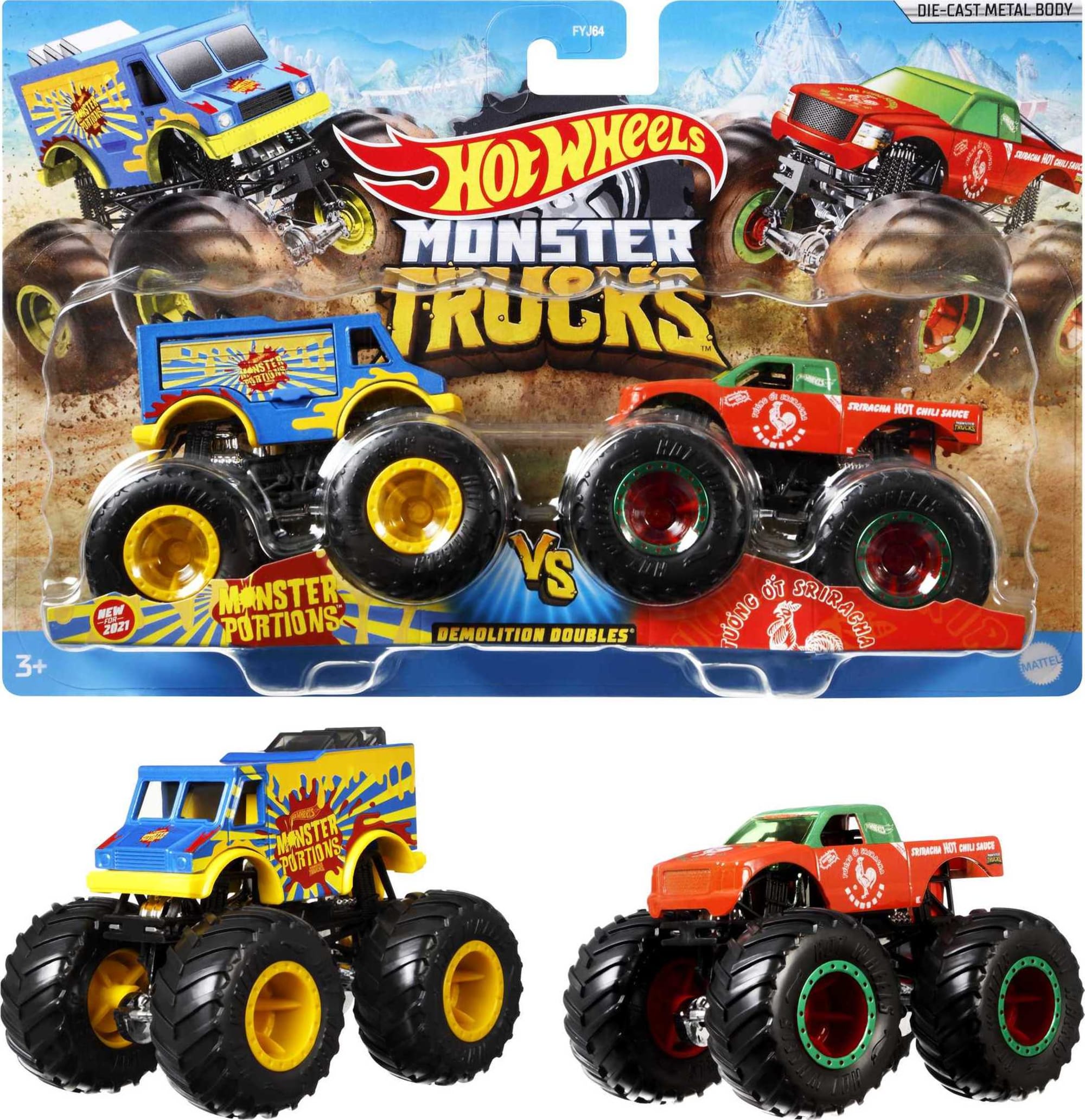 Hot Wheels Monster Trucks Vehículo de Juguete Paquete Sorpresa de 2 Autos Escala 1:64